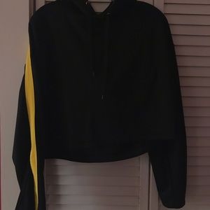 black hooded crop top with yellow stripes